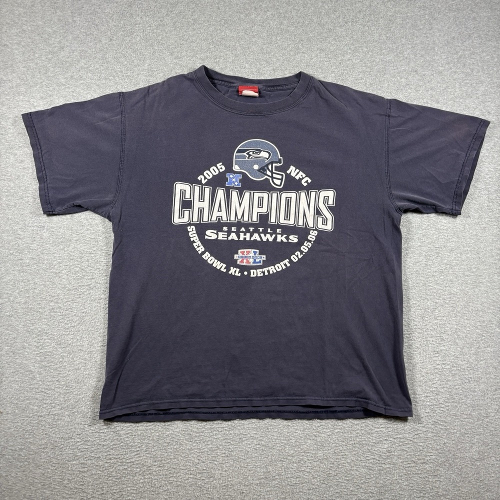 Vintage 2005 Seattle Seahawks NFC Champions Super Bowl L T-Shirt Mens Navy Blue